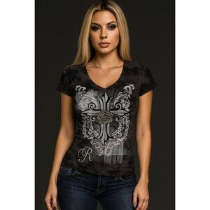 Rock and Roll Cowgirl Y2K Bling Cross Rose Soft Tunic T-Shirt Rhinestone V-Neck